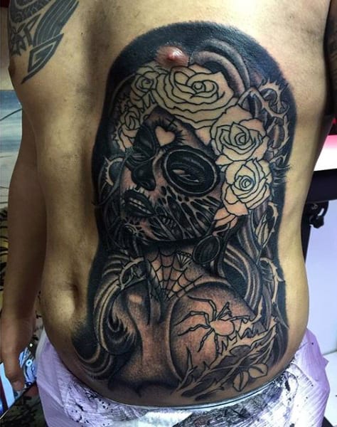 Male Torso Black Pencil Art Day Of The Dead Lady Tattoo