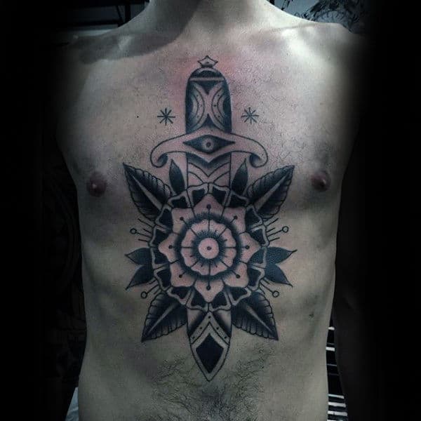 Male Torso Dagger Through Floral Design Tattoo