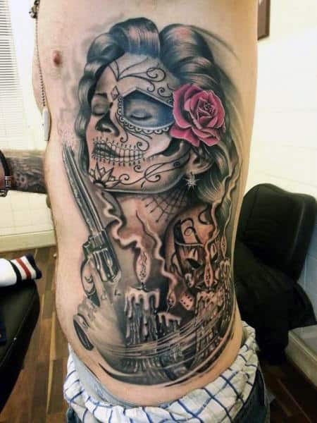 Male Torso Sexy Lady With Pistol And Rose Day Of The Dead Tattoo