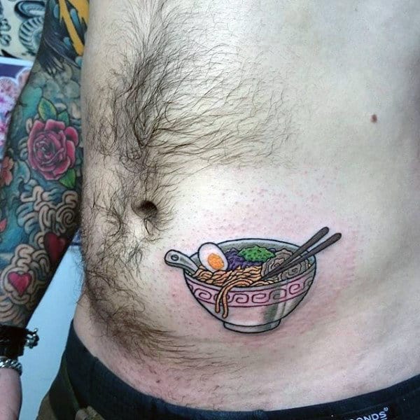 Male Torso Tiny Food And Chopsticks Tattoo
