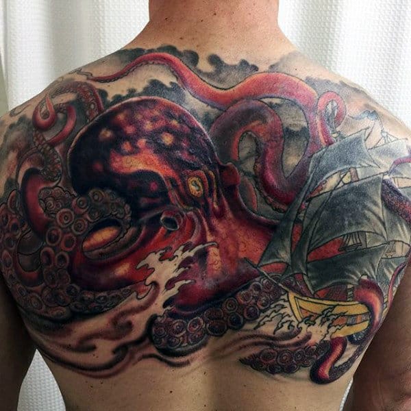 Male Traditional Clipper Ship Back Tattoo