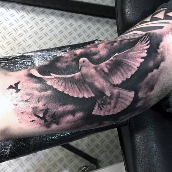Male Traditional Dove Tattoo On Bicep