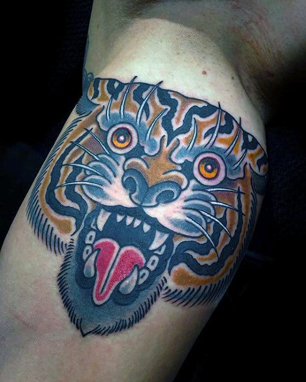 Male Traditional Old School Tiger Inner Arm Bicep Tattoos