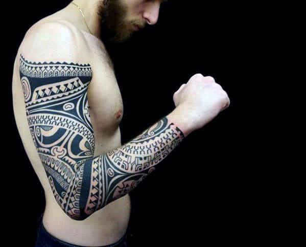 Male Traditional Polynesian Black Ink Sleeve Tattoo Ideas