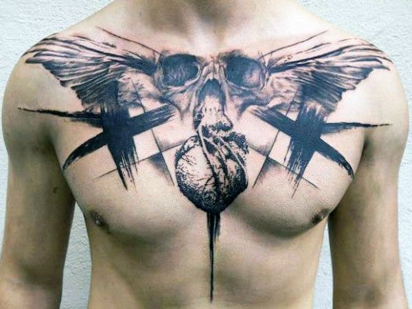 Male Trash Polka Tattoo On Chest With Skulls