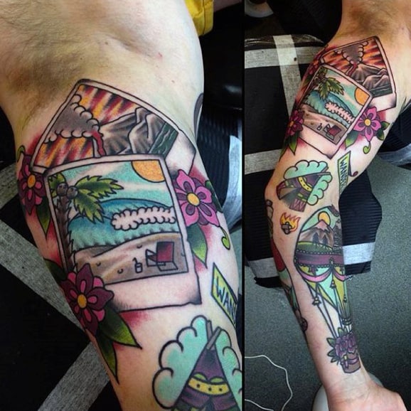 Male Travel Tattoos Full Arm Sleeve With Photographs
