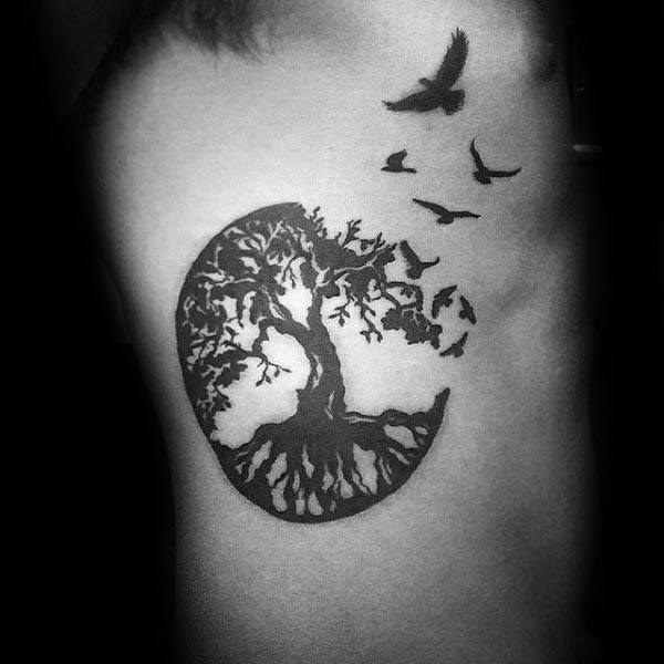 Male Tree Of Life Rib Cage Side Black Ink Birds Tattoo Designs