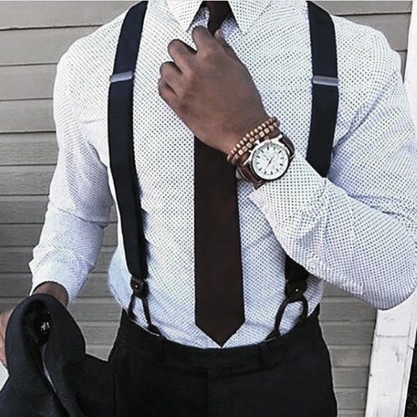 Male Trendy Outfits Style White Dot Dress Shirt With Suspenders