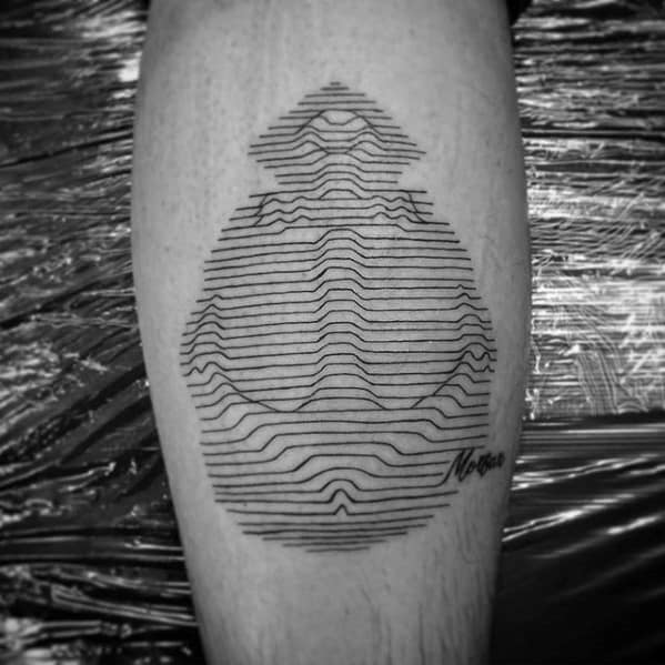 Minimalist black line tattoo forming a scarab beetle illusion using horizontal contour lines and negative space on the calf.
