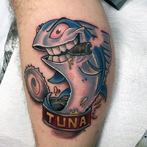 Bold and cartoonish tuna fish tattoo featuring a grinning tuna with a cigar, emerging from a can with dynamic shading and vibrant colors.