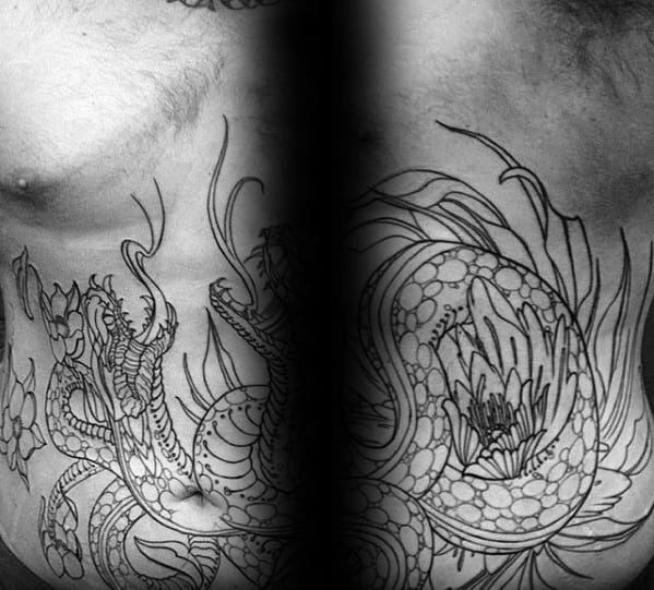 Large two-headed snake tattoo in black ink with intricate linework, covering the chest with floral and scale details for a bold design.