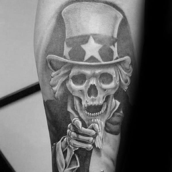 Grim skull version of Uncle Sam in black and gray, with hollow eyes, wide mouth, and classic pointing pose wearing the iconic top hat.
