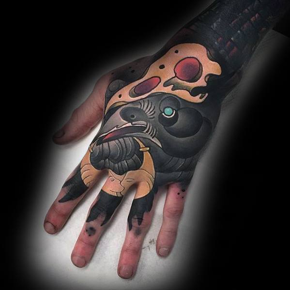 Male Unique Hand Neo Traditional Black Crow Tattoo