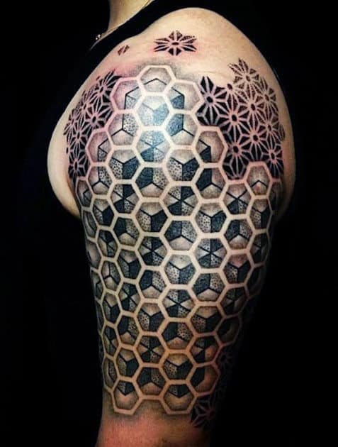 Male Upper Arm Black Honeycomb Tattoo