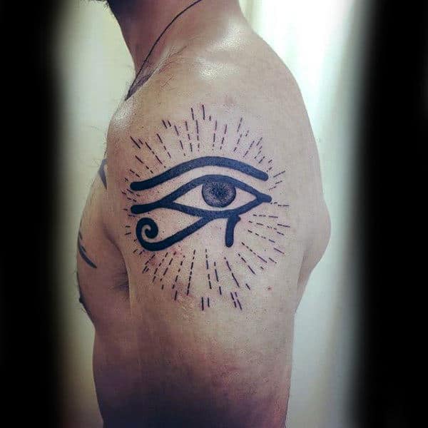 Male Upper Arm Eye Of Horus Tattoo With Sun Rays