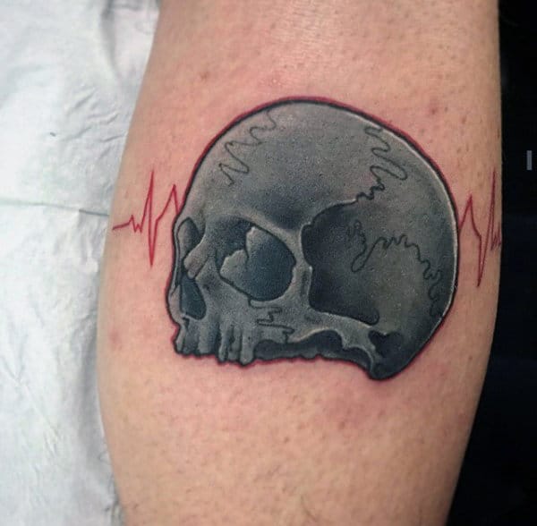 Realistic skull tattoo with a red heartbeat line in a bold, artistic design