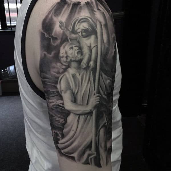 Male Upper Arms Black And Grey Angelic Heavenly Being Tattoo