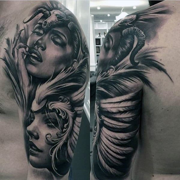 Male Upper Arms Black And Grey Sensual Tattoo