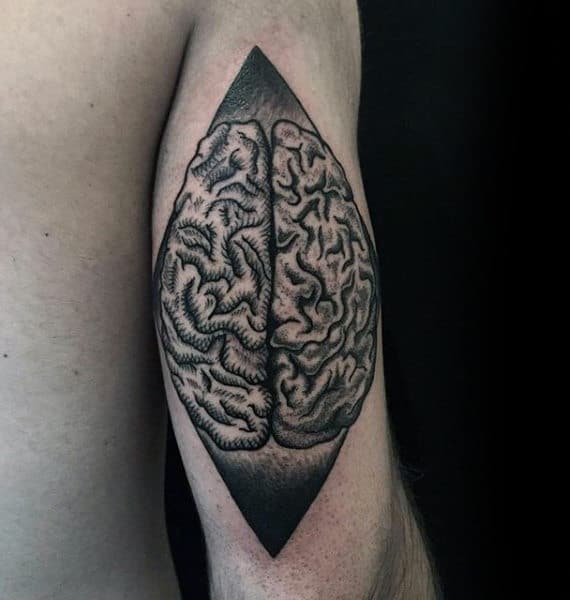 Male Upper Arms Black And White Brain Tattoo