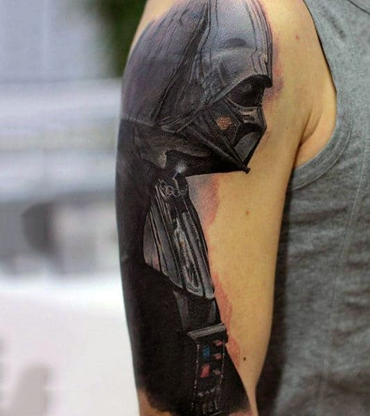 Male Upper Arms Darth Vader Black Tattoo