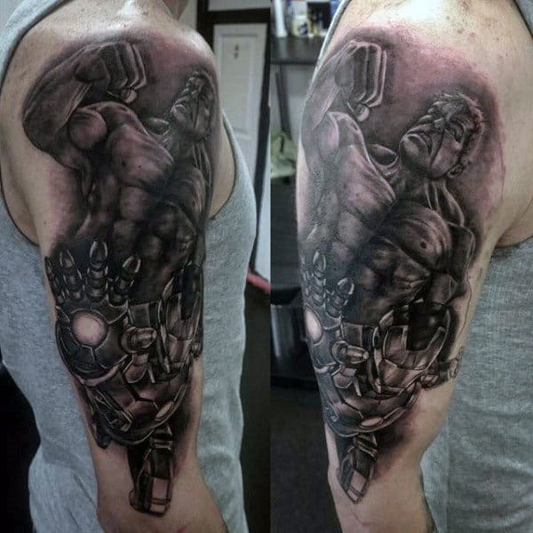 Male Upper Arms Grey Hulk Tattoo