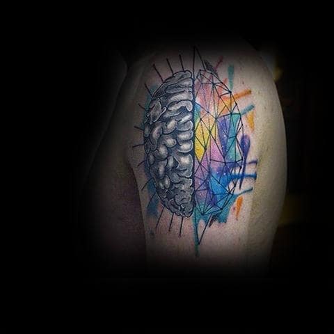 Male Upper Arms Modern Colored Art Brain Tattoo