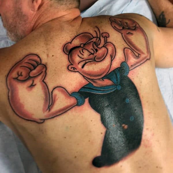 Male Upper Back Tattoo Of Popeye