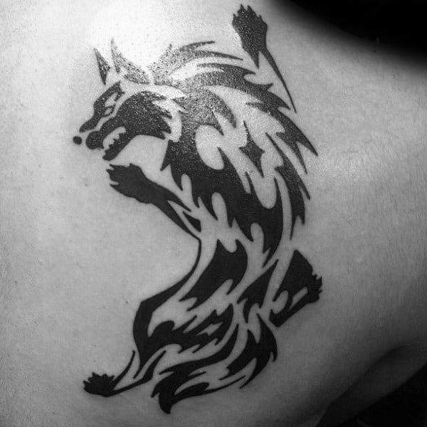 Male Upper Back Tribal Wolf Tattoos