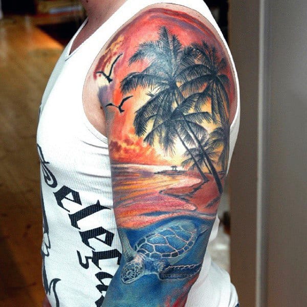 Male Upper Sleeve Palm Tree And Swimming Turtle Sunset Tattoo