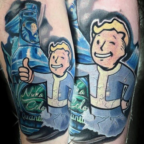 Vault Boy tattoo with a glowing Nuka-Cola Quantum bottle in the background, featuring icy blue tones and a thumbs-up pose.