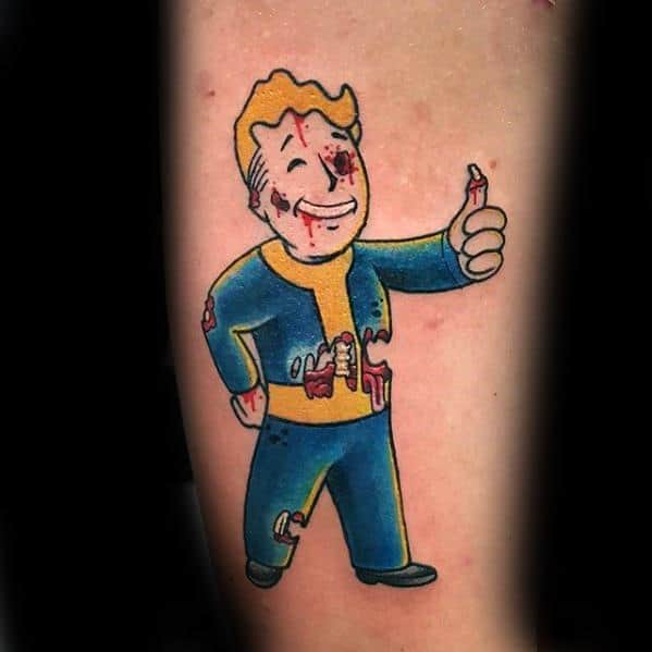 Vault Boy tattoo in zombie form with exposed bones, torn jumpsuit, and a bloody thumbs-up for a dark Fallout twist.