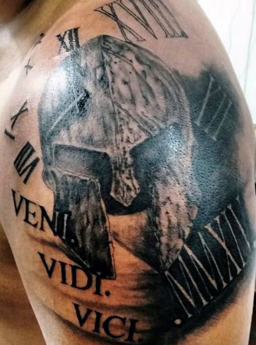 Male Veni Vidi Vici Spartan Helmet Upper Arm Tattoo With Roman Numerals