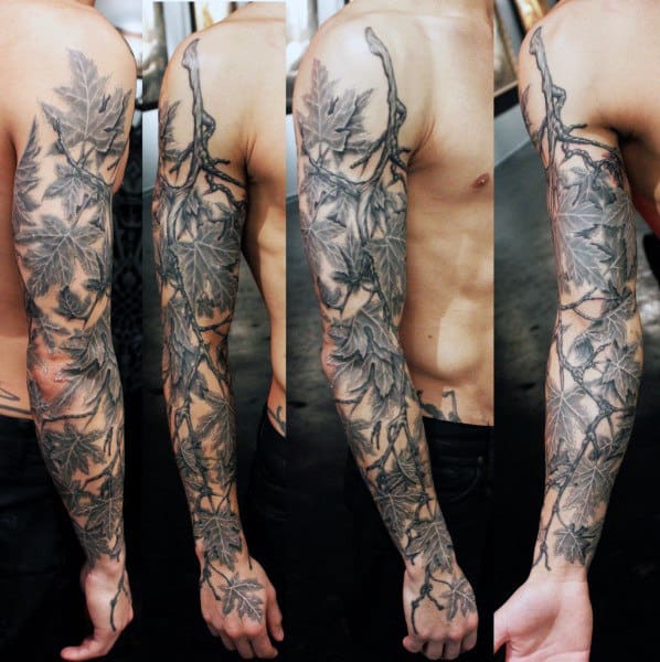 Male Vine And Leaf Tattoos Sleeve Tree Branch