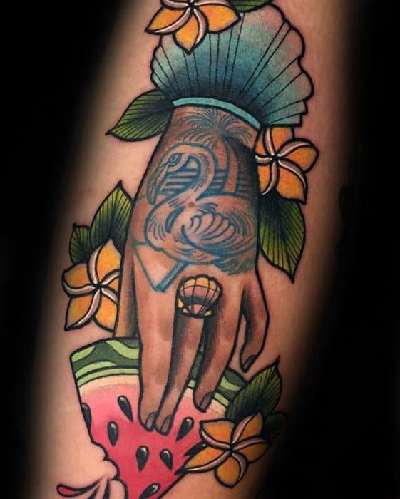 Male Vintage Hand Holding Watermelon With Yellow Flowers Leg Tattoo Design Inspiration