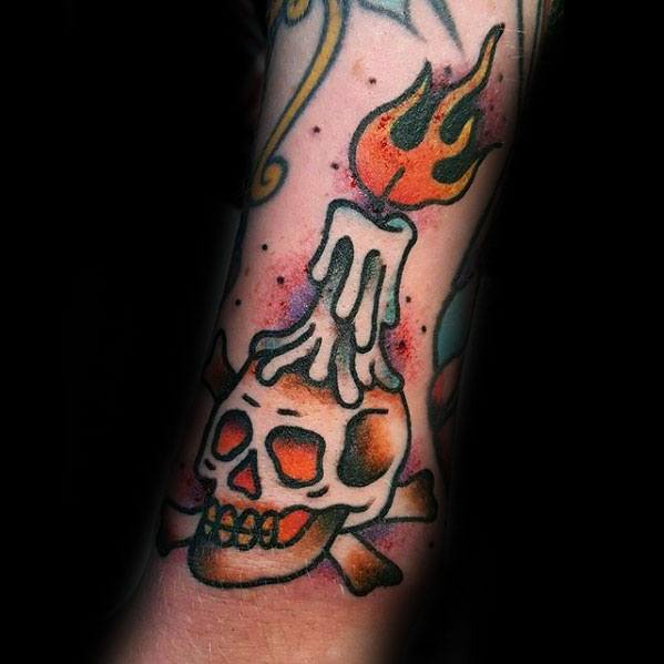 Male Vintage Skull Candle Forearm Tattoo