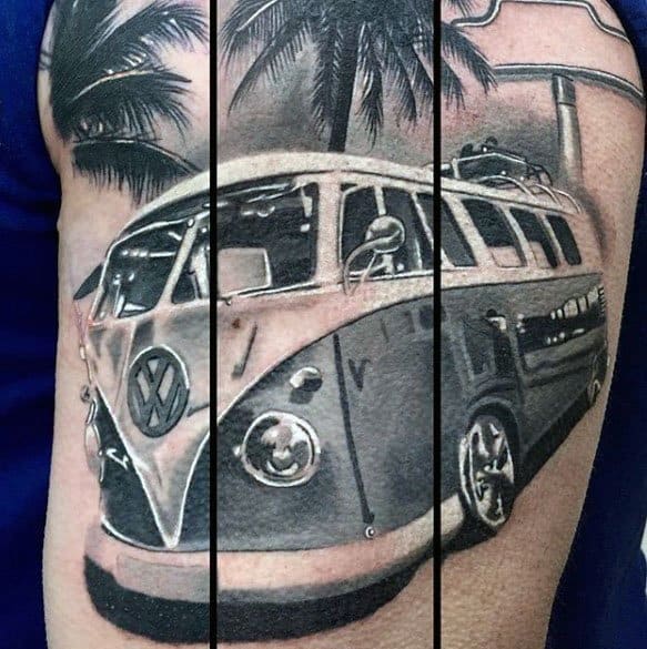 Realistic black and gray tattoo of a vintage Volkswagen van with palm trees in the background, inked on the upper arm.