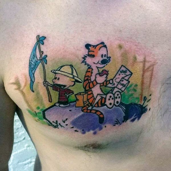 Male Watercolor Calvin And Hobbes Upper Chest Tattoos