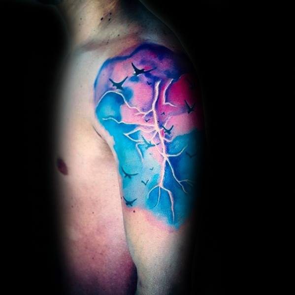Male Watercolor Quarter Sleeve Clouds Thunderstorm Tattoo Ideas