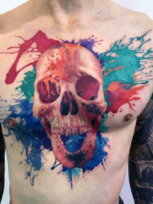 Male Watercolor Skull Tattoo Ideas On Chest