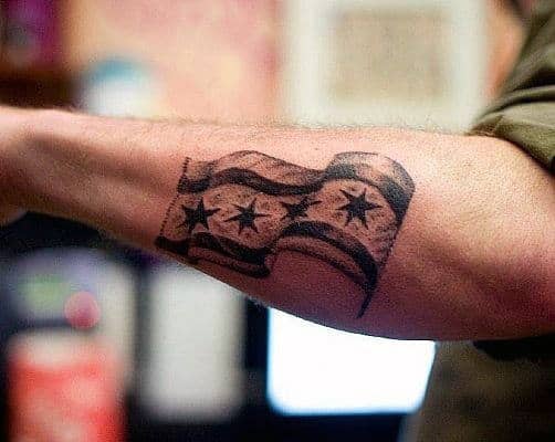 Male Waving Chicago Flag Shaded Outer Forearm Tattoo Ideas