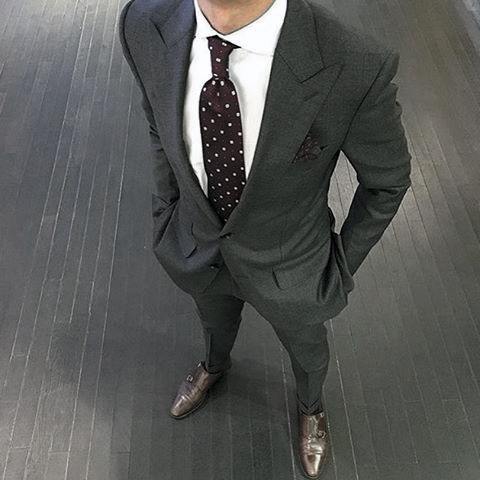 Male White Dress Shirt Peak Lapel Charcoal Grey Suit Brown Shoes Style