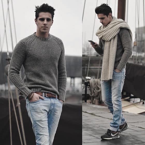 Male Winter Outfits Clothing Styles Grey Sweater With Chunky Cream Scarf