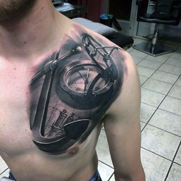 Male With 3d Hyper Realistic Anchor And Compass Chest And Shoulder Tattoo