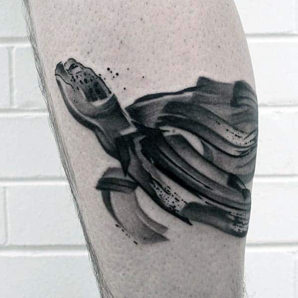 Male With Abstract Watercolor Paint Brush Stroke Turtle Leg Tattoo