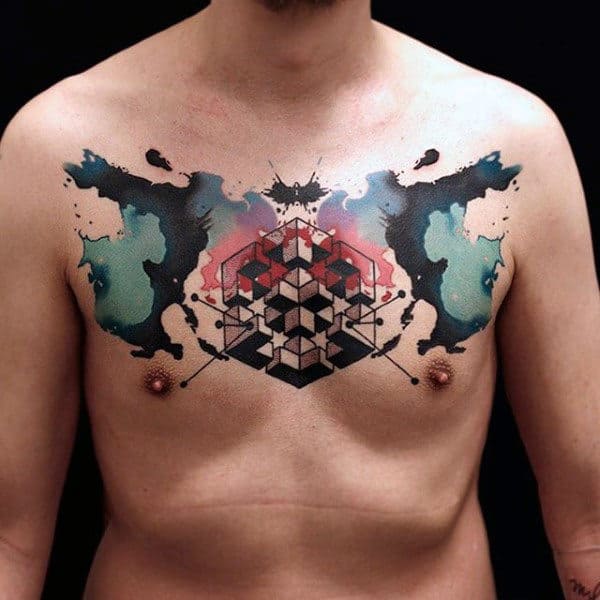 Male With Abstract Watercolor Tattoo On Chest