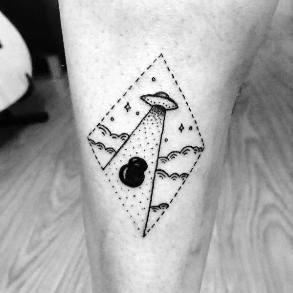 Minimalist black ink tattoo featuring a UFO beaming up a kettlebell, blending fitness and sci-fi themes, symbolizing strength and imagination.