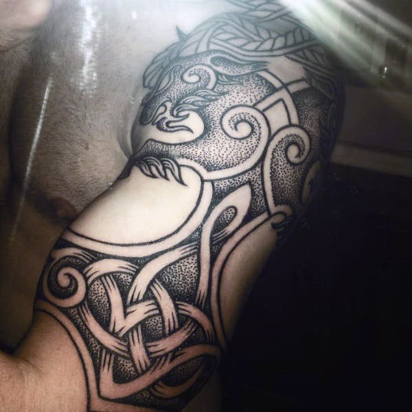 Male With Amazing Dotwork Norse Half Sleeve Tattoo