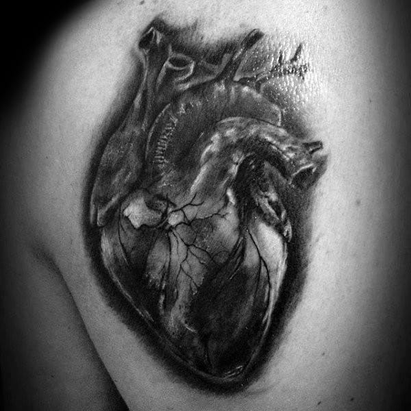 Black and grey tattoo of a realistic anatomical heart on the upper arm, featuring fine shading and visible veins for depth.