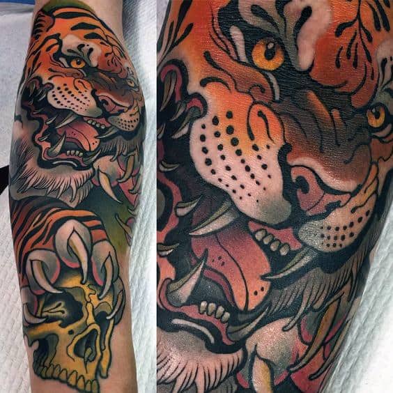 Male With Artistic Tattoo Of Tiger And Skull Leg Sleeve Design