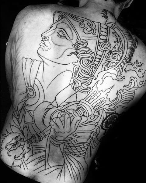 Large Athena back tattoo in bold outline style, featuring detailed helmet, torch, and armor with mythological motifs in progress